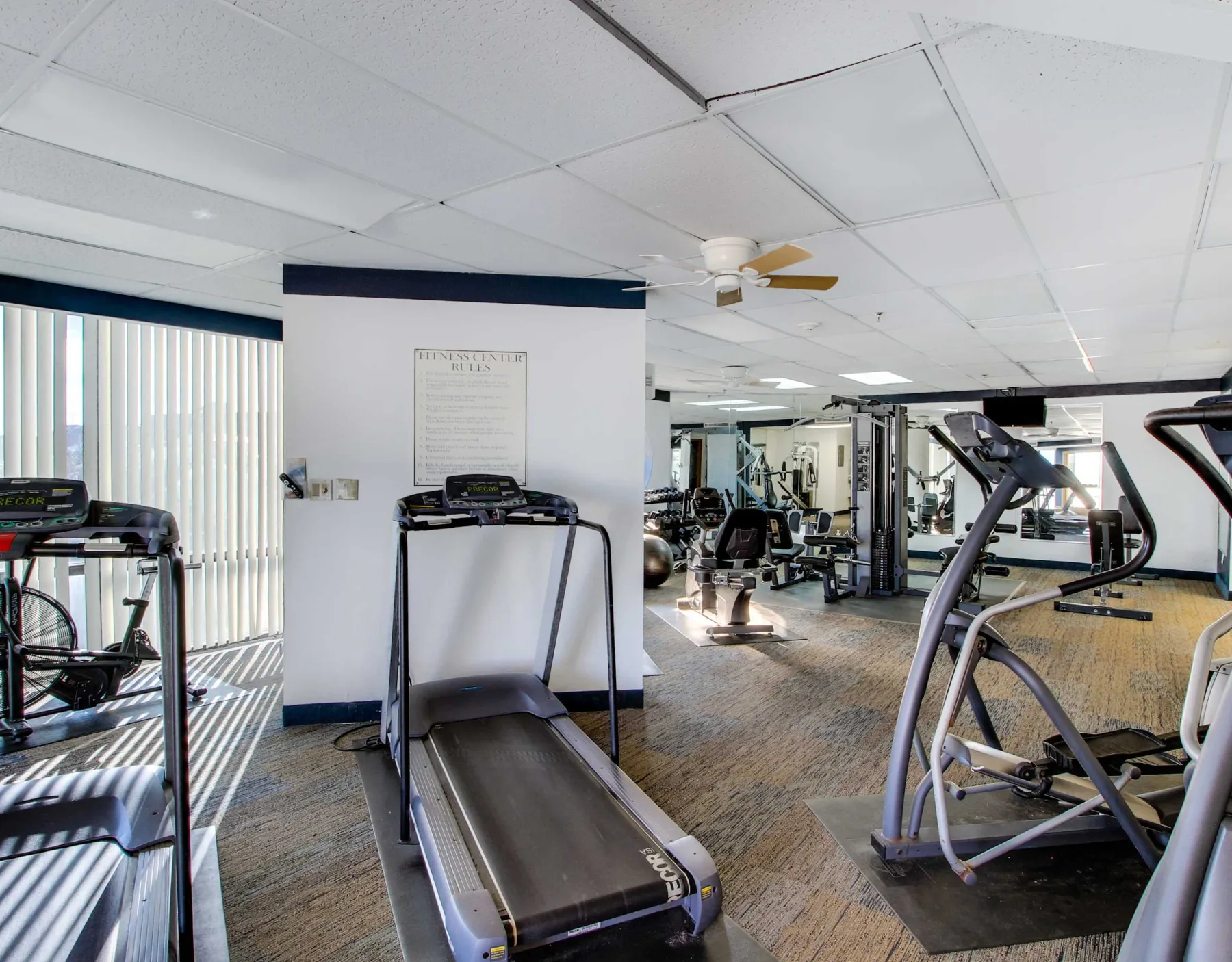 Shared amenity: A gym with treadmills, exercise bikes, and other fitness equipment.
