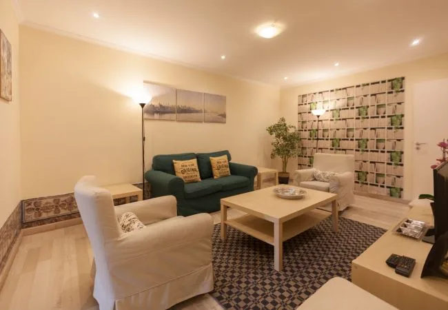 A living room with seating around a coffee table and a patterned rug.