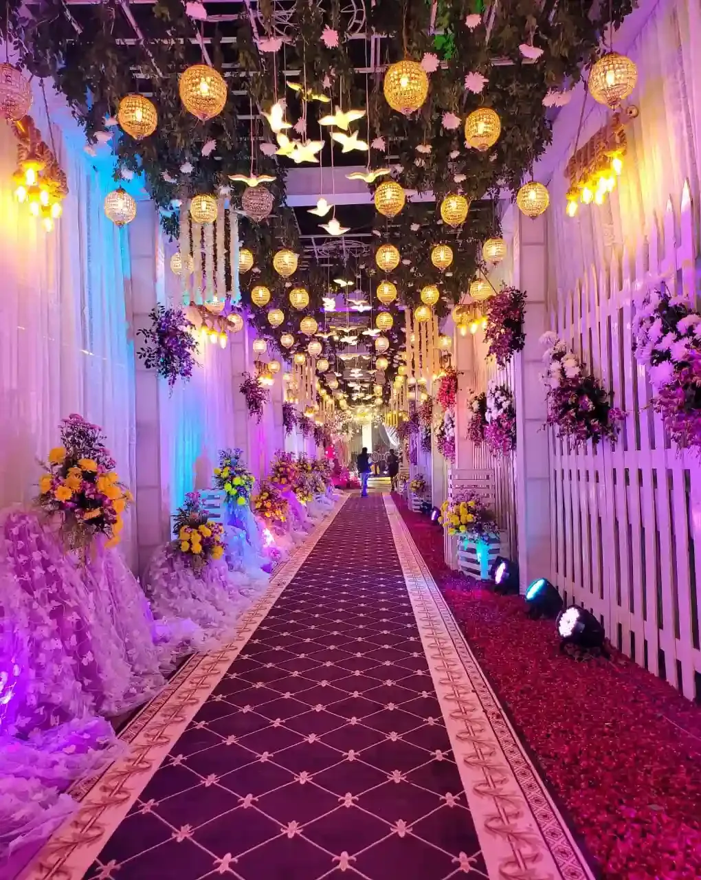 Espacio representativo del hotel: Un pasillo decorado para eventos, con una alfombra estampada y luces colgantes.