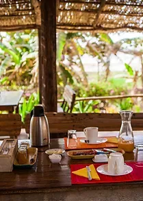 Representative hotel space: A dining area with table settings beneath a thatched roof.