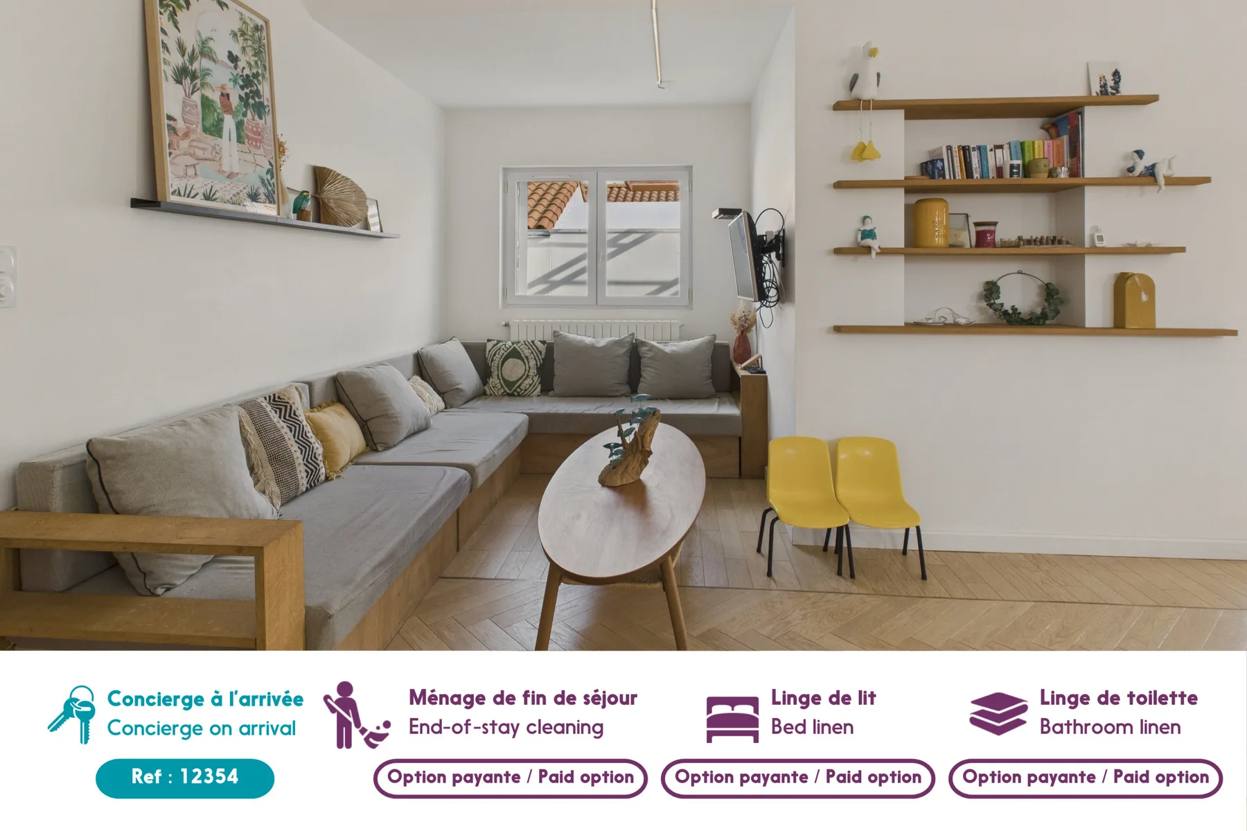 A bright living room with a sectional seating area, wall shelves, and two yellow chairs.