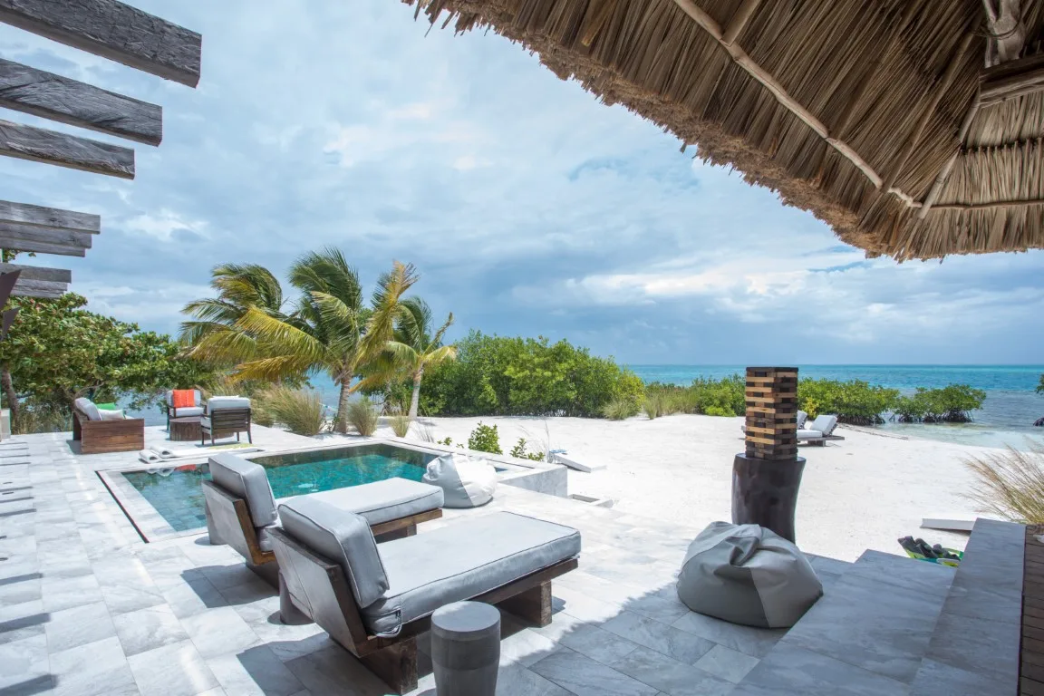 An outdoor patio overlooks a turquoise pool, palm trees, and the ocean.