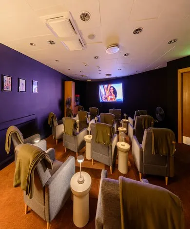 Representative hotel space: A dark screening room with rows of upholstered seating facing a television.