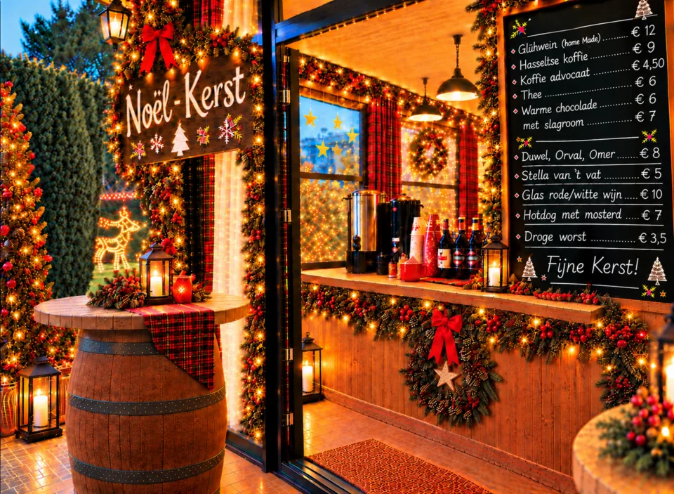 Espacio representativo del hotel: Un puesto festivo de mercado navideño con un mostrador decorado y una pizarra con el menú.