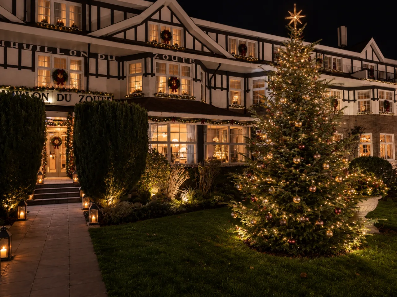 Espacio representativo del hotel: Un edificio con entramado de madera está decorado con luces y un árbol de Navidad iluminado por la noche.