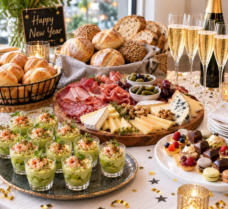 Espacio representativo del hotel: Una mesa festiva presenta pan, aperitivos, quesos y bebidas espumosas.