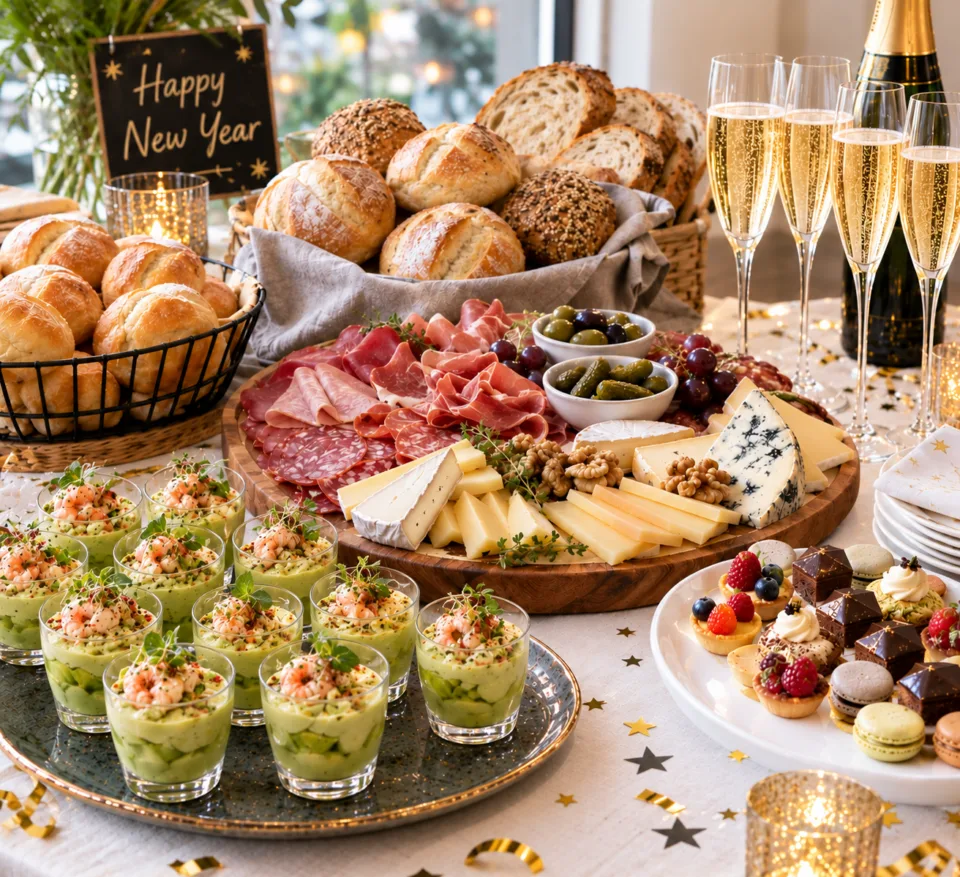 Espacio representativo del hotel: Una mesa de bufé festiva presenta pan, embutidos, postres y vino espumoso.