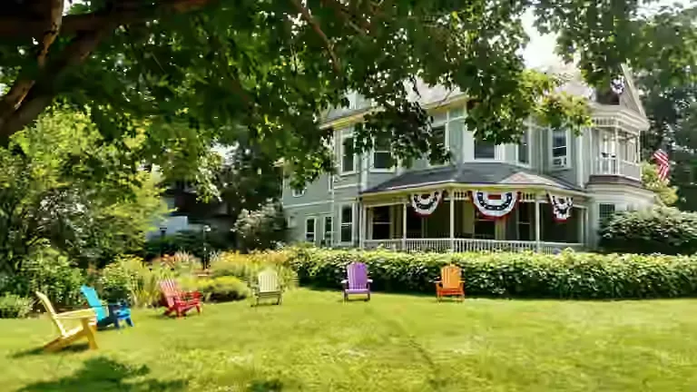 Representative hotel space: A large house overlooks a green lawn with colorful outdoor seating.