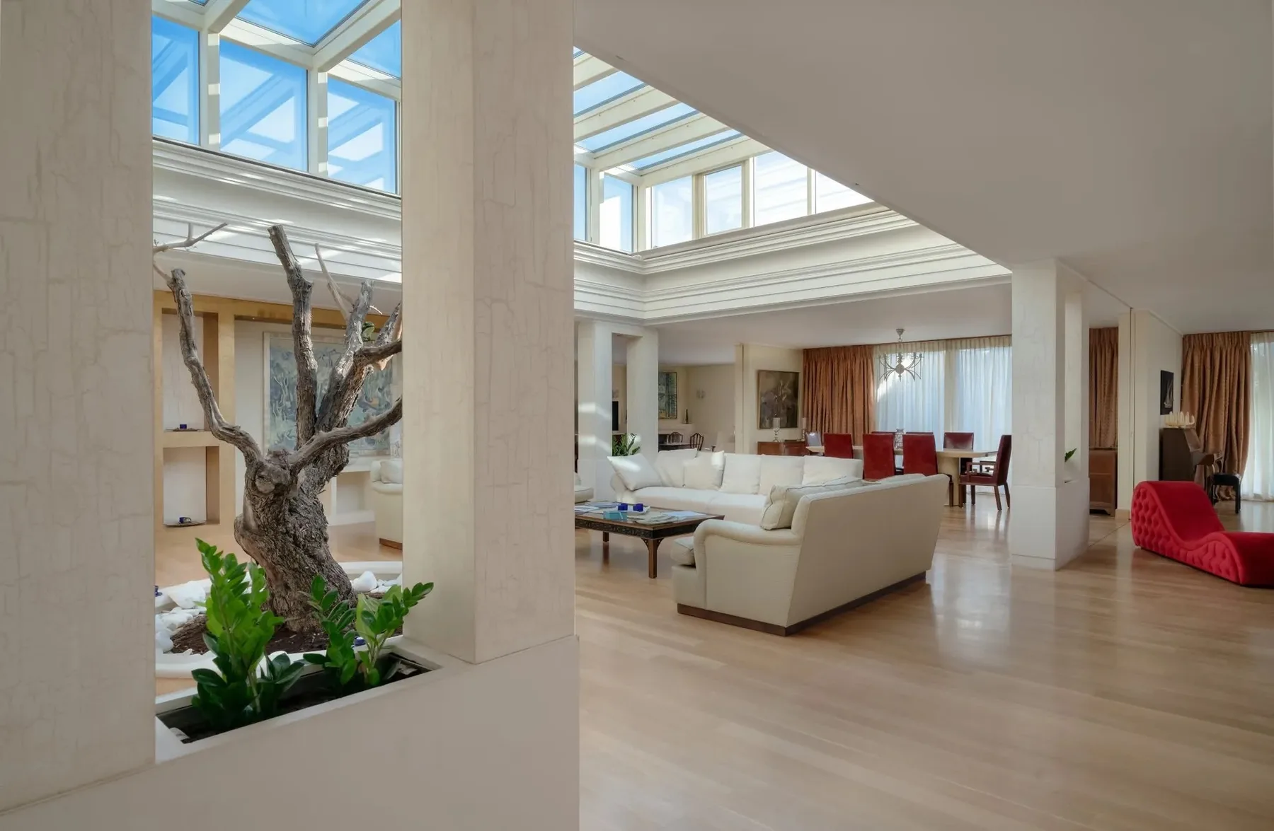 A bright open-plan living room with skylights, pale seating, and an indoor tree.