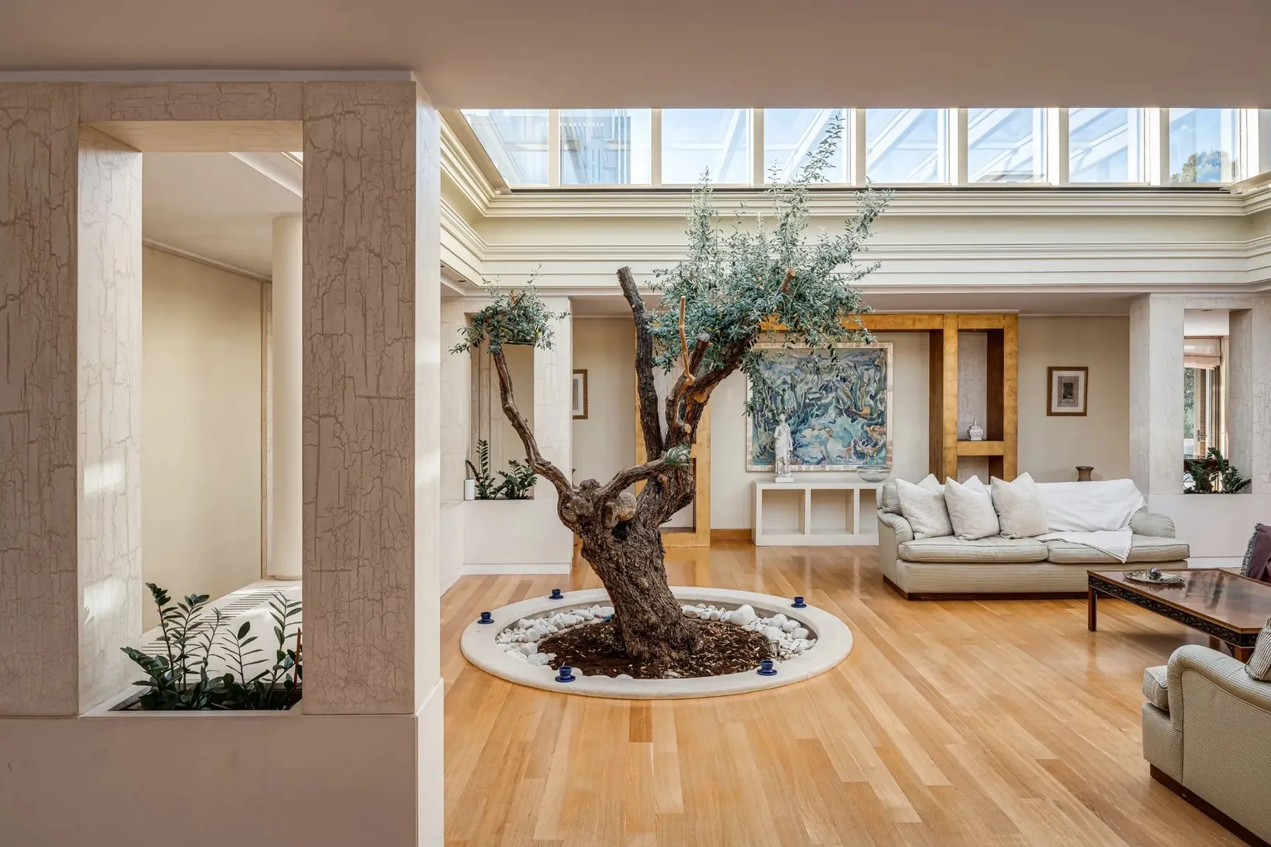 A bright living room with a skylight and a tree growing in a central planter.