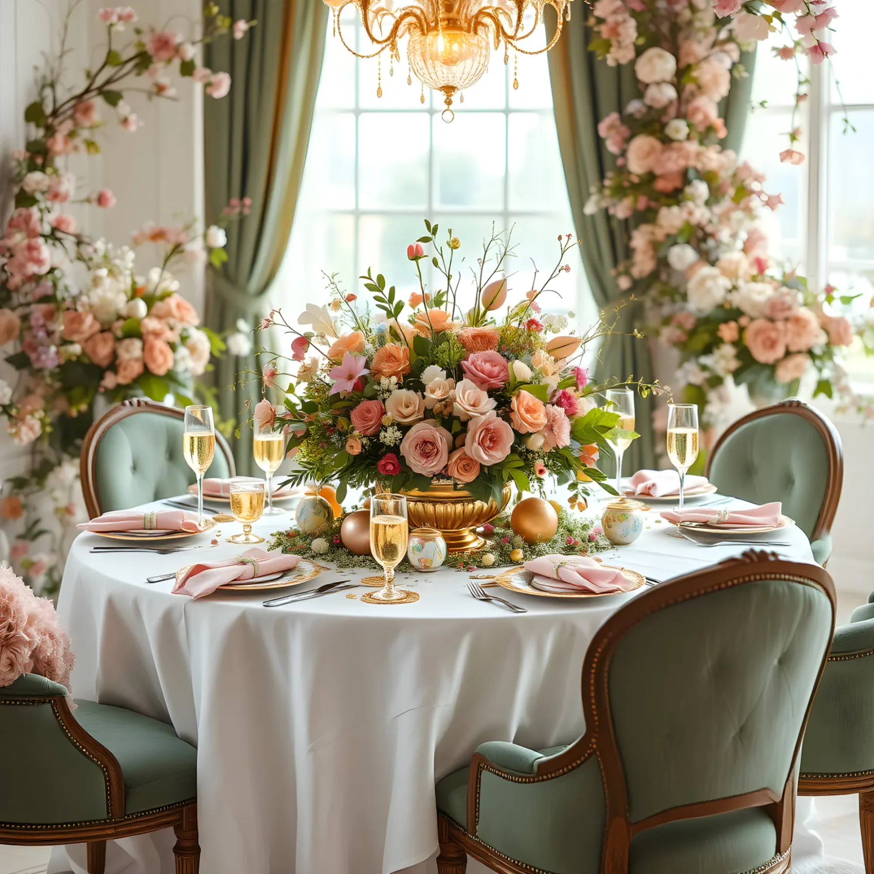 Espacio representativo del hotel: Una mesa decorada con flores y cristalería está junto a una ventana luminosa.