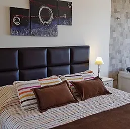 Espacio representativo del hotel: Dormitorio con cama, cabecero acolchado oscuro y cuadros en la pared.