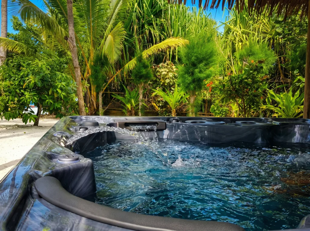 Representative hotel space: An outdoor hot tub sits beside lush tropical greenery.
