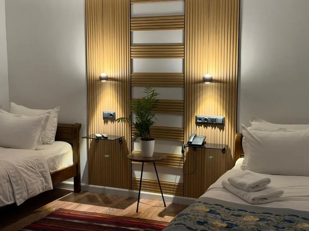 Representative hotel space: A hotel bedroom with two beds and a wooden wall feature.