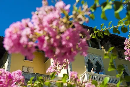 Representative hotel space: A yellow building with balconies is partly framed by pink flowering branches.