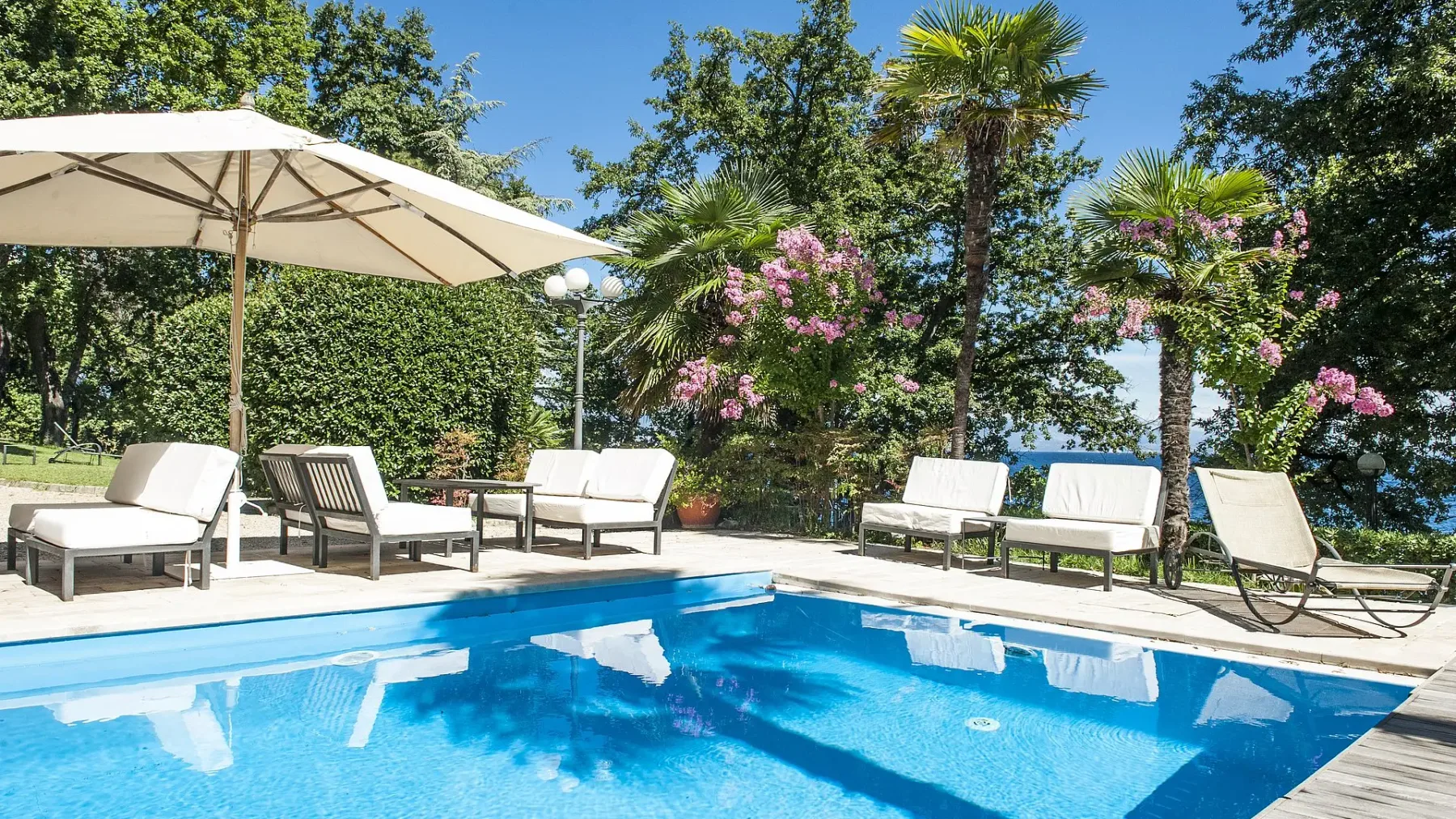 Representative hotel space: An outdoor swimming pool is surrounded by lounge seating and leafy plants.