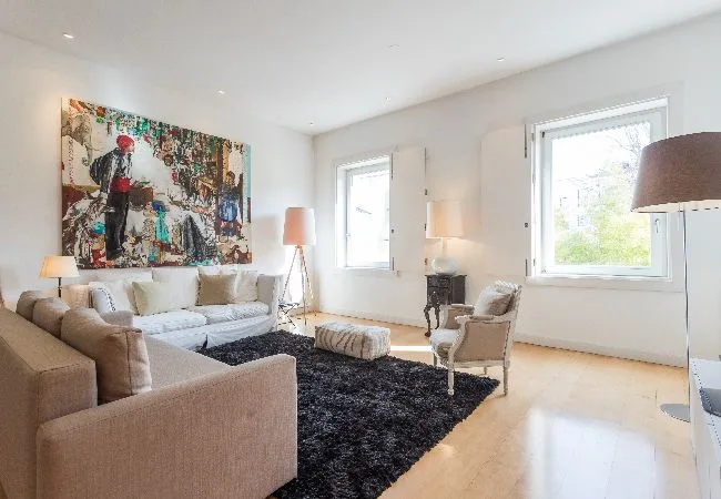 A bright living room with seating, a dark rug, and large windows.