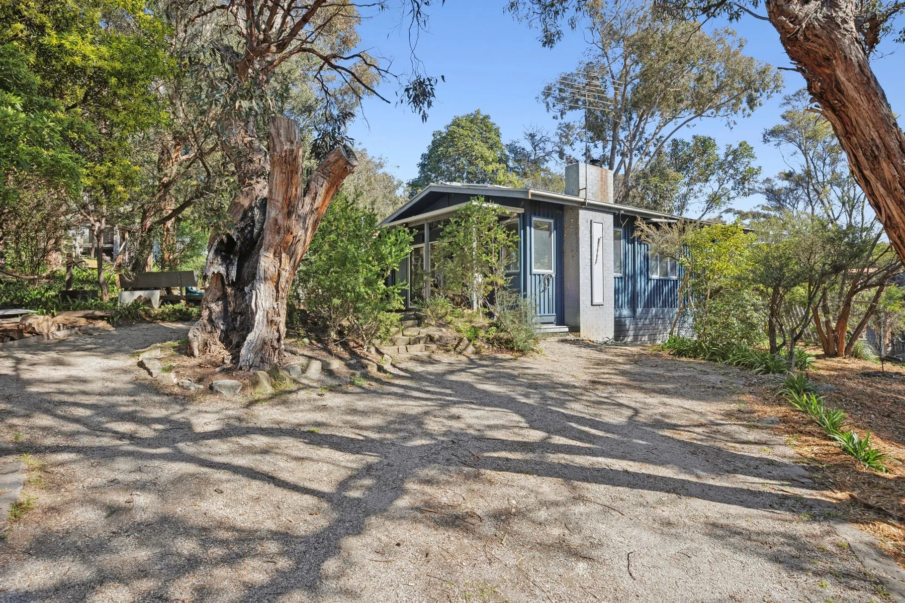 A modern house sits among trees beside a gravel driveway.