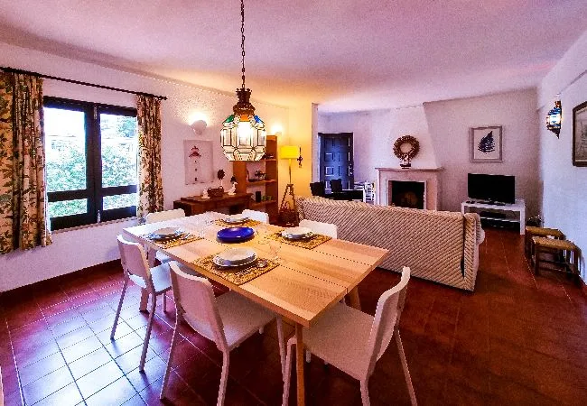 Un comedor y sala de estar con una mesa de madera, asientos y una chimenea.