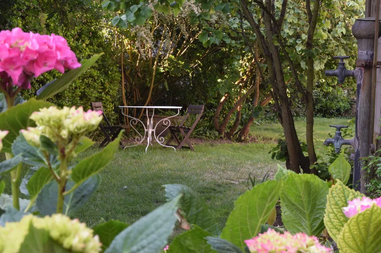 Representative hotel space: A garden seating area with a small table among trees and flowering plants.