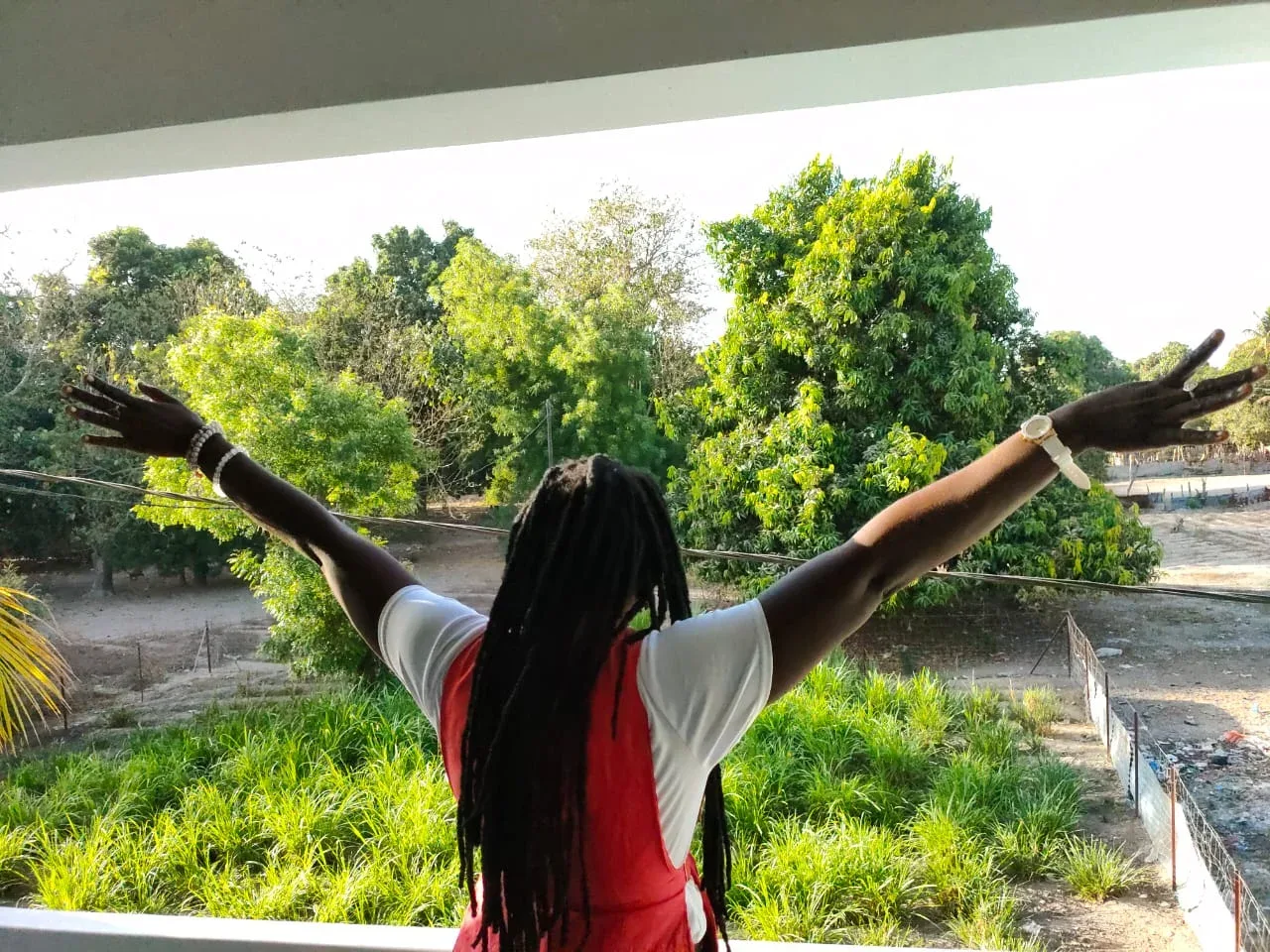 Espacio representativo del hotel: Una persona está de pie con los brazos extendidos bajo un mirador cubierto con vista a los árboles.