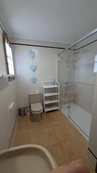 A bathroom with a glass shower, toilet, and shelving.
