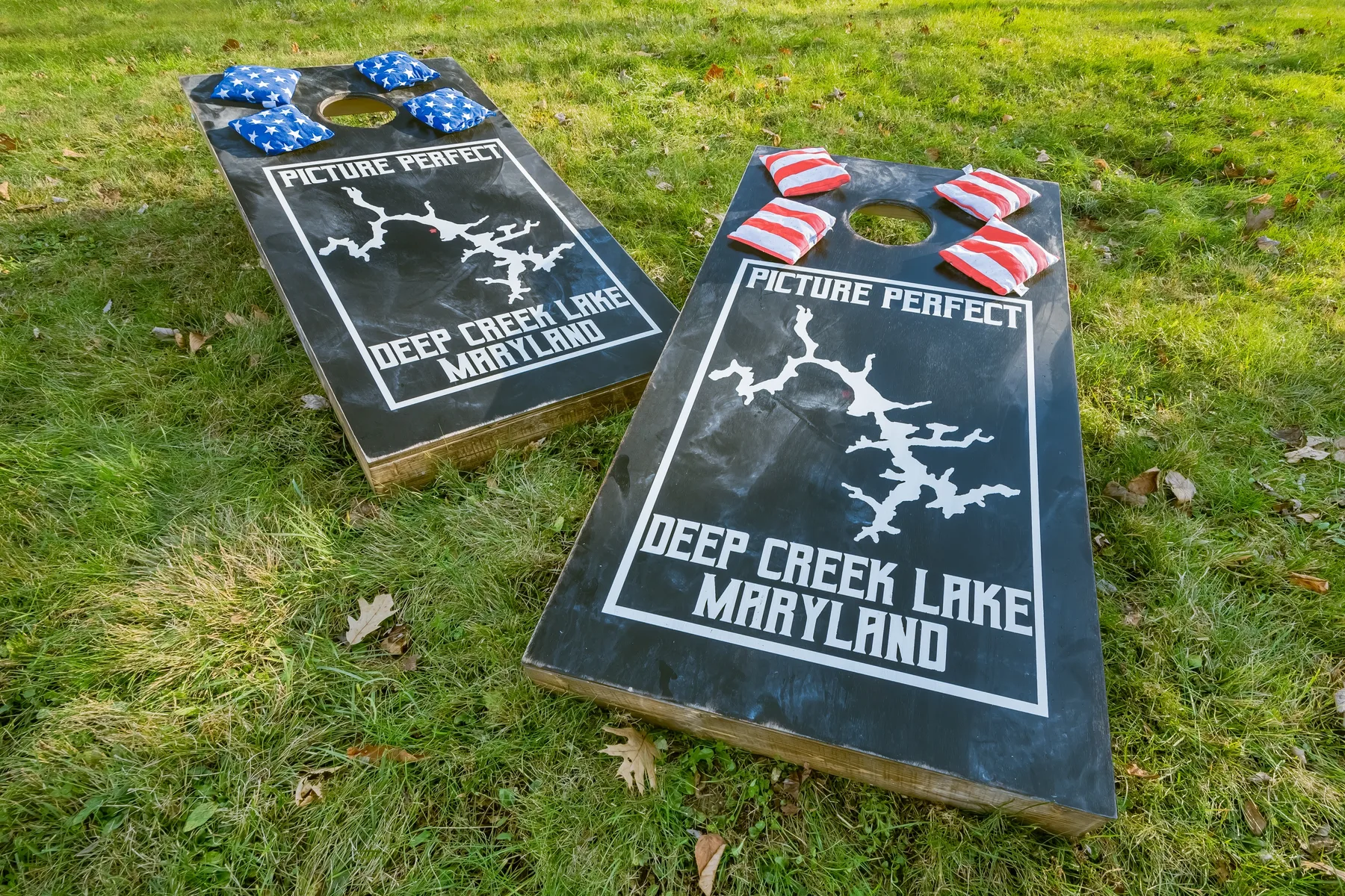 Dos tableros de cornhole con diseños impresos están sobre el césped.