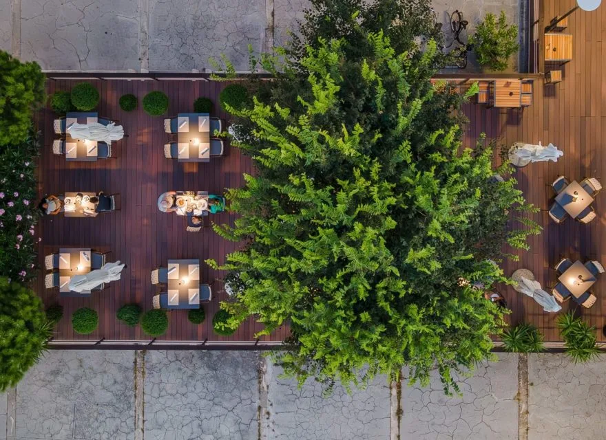 Espacio representativo del hotel: Una terraza de comedor al aire libre rodea un gran árbol central.