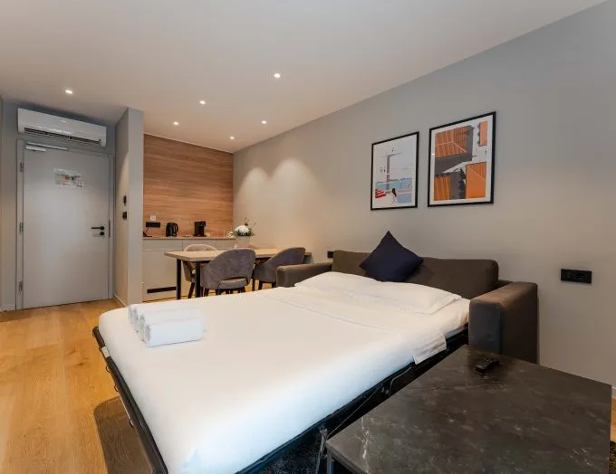 Espacio representativo del hotel: Un estudio combina una cama, una zona de estar y un pequeño comedor.