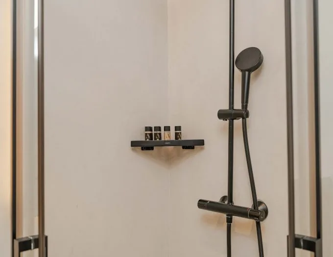 Espacio representativo del hotel: Zona de ducha con una ducha de mano montada en la pared y una pequeña repisa.