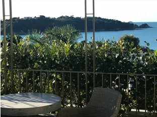 Espacio representativo del hotel: Zona de estar al aire libre con vistas al agua y vegetación junto a la barandilla.
