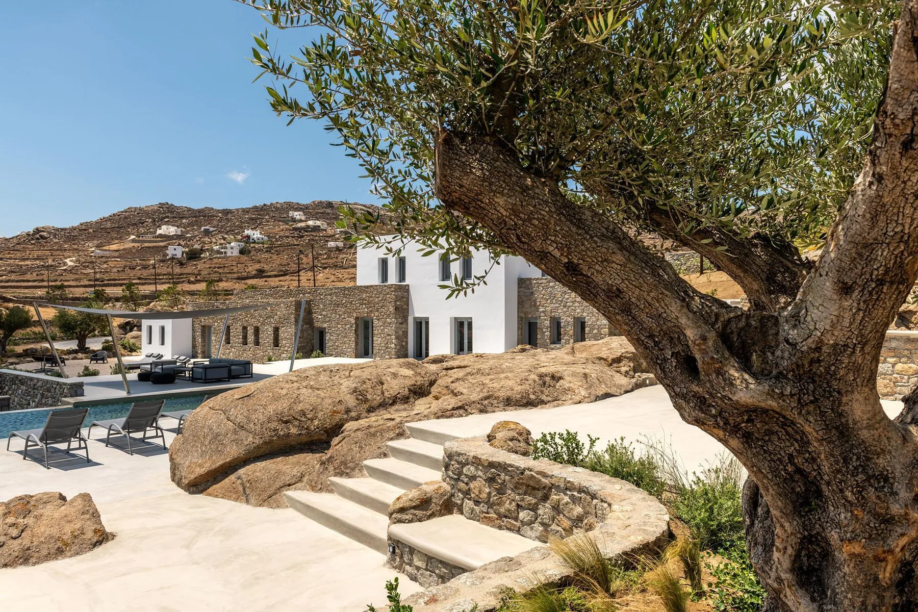 A modern house and swimming pool sit among rocky landscaping beneath a large tree.