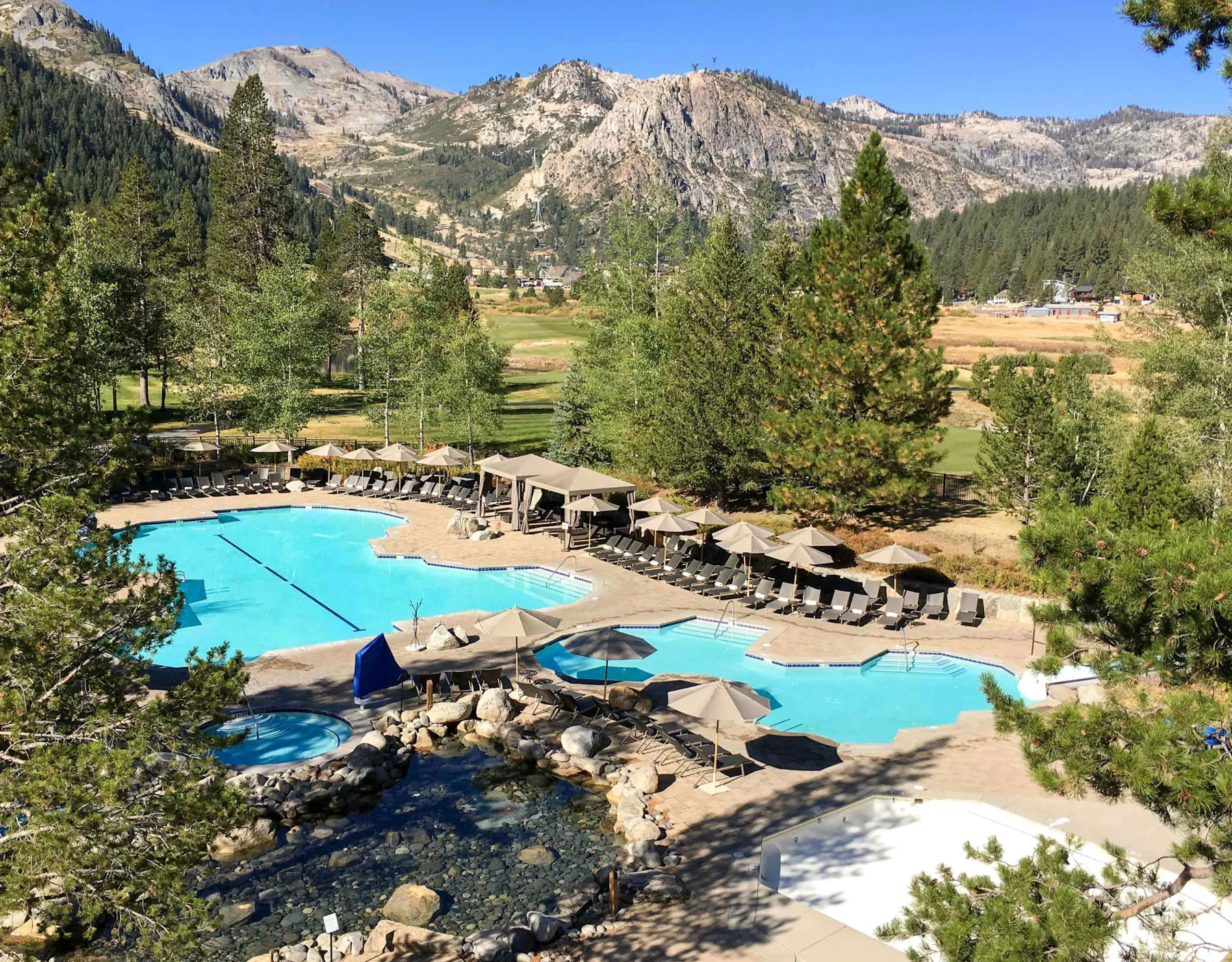 Shared amenity: An outdoor swimming pool sits among trees with a mountain landscape beyond.