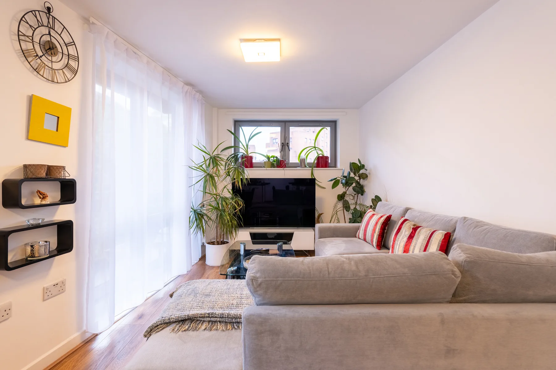 A bright living room with a gray sectional and plants beside the window.