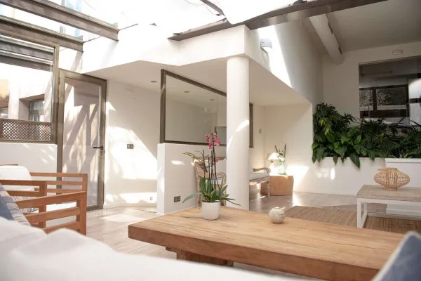 Espacio representativo del hotel: Una luminosa sala de estar con una mesa baja de madera y plantas de interior.