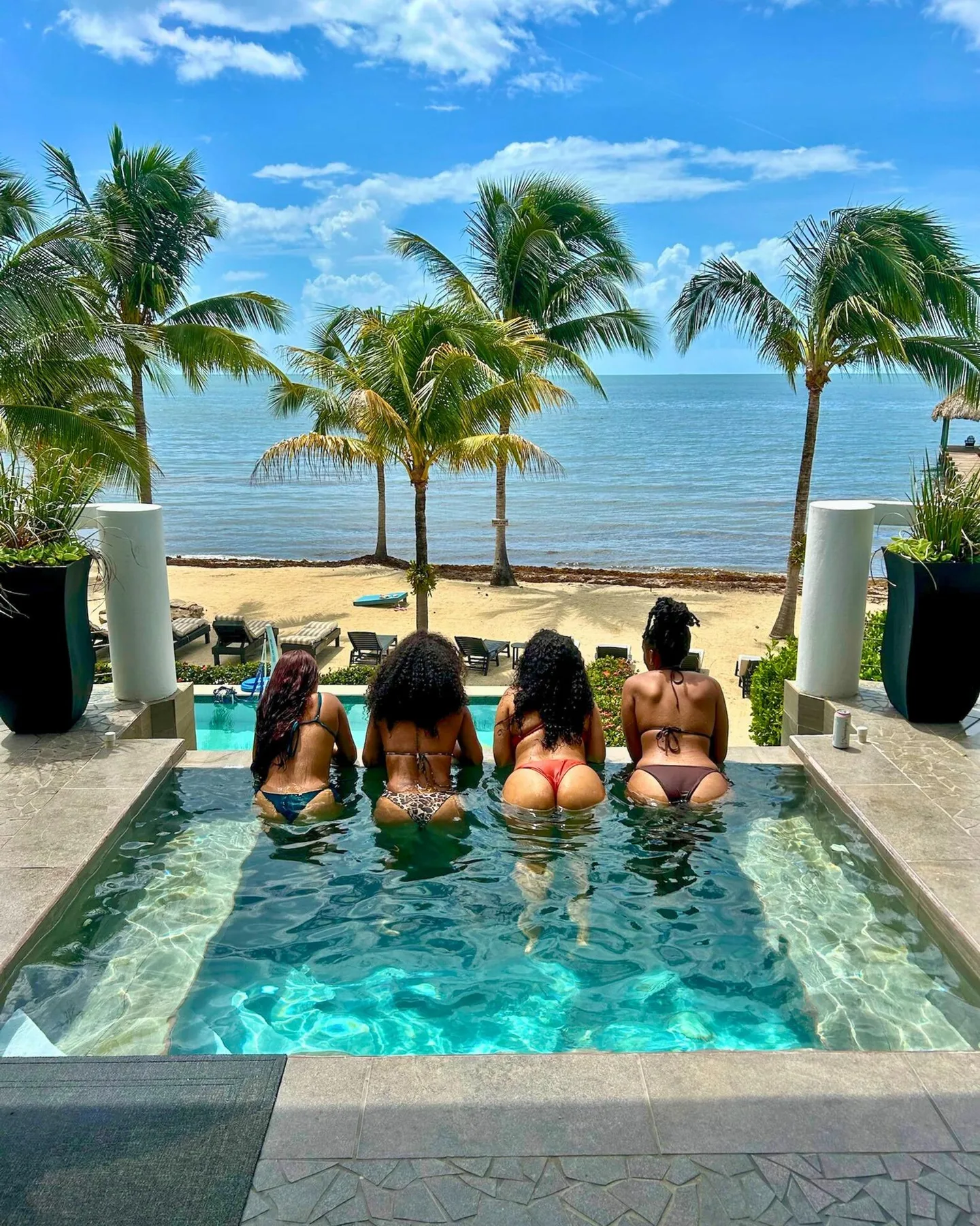 A beachfront pool overlooks the ocean, with palm trees lining the sandy shore.