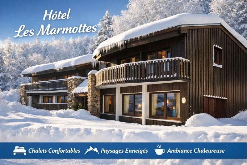 Espacio representativo del hotel: Edificios tipo chalet cubiertos de nieve se alzan entre árboles escarchados.