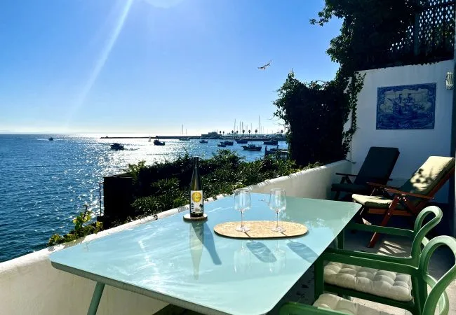 Una zona de comedor en una terraza junto al mar, con una mesa y asientos al aire libre.