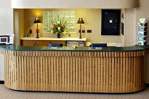 Representative hotel space: A reception desk with a floral arrangement and lamps behind it.