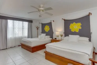 Representative hotel space: A bedroom with two beds and curtains covering the windows.