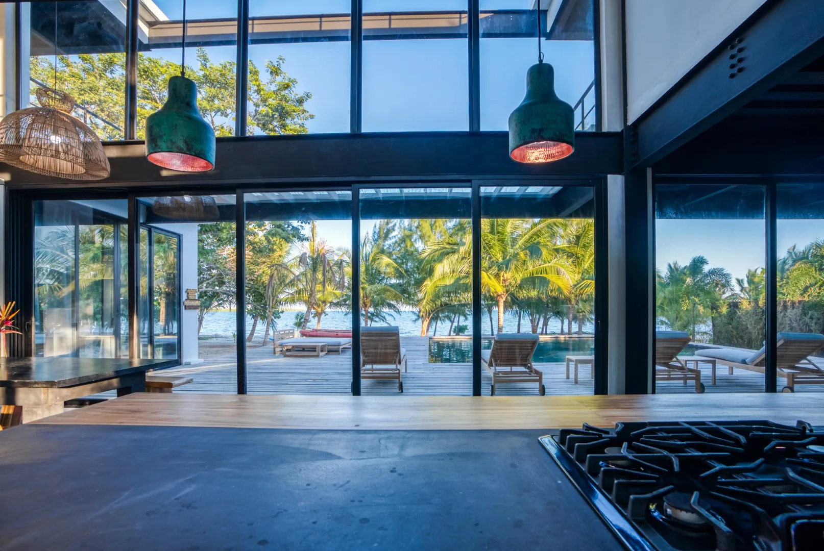 A modern kitchen opens onto a glass-walled patio with palm trees outside.