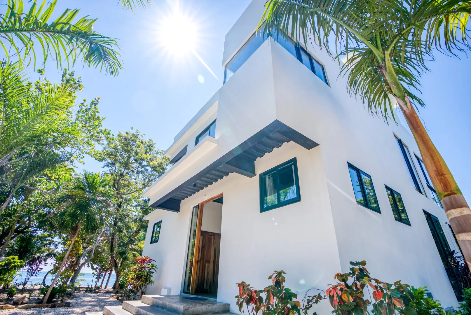 A modern white building stands among tropical trees in bright sunlight.