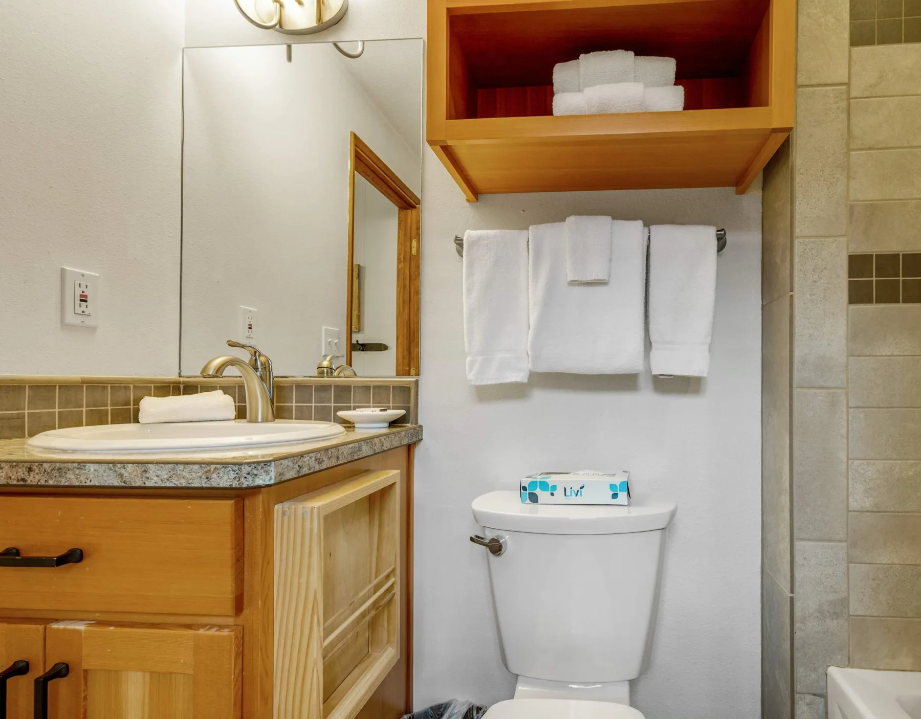 A bathroom vanity and toilet sit beneath neatly hung white towels.