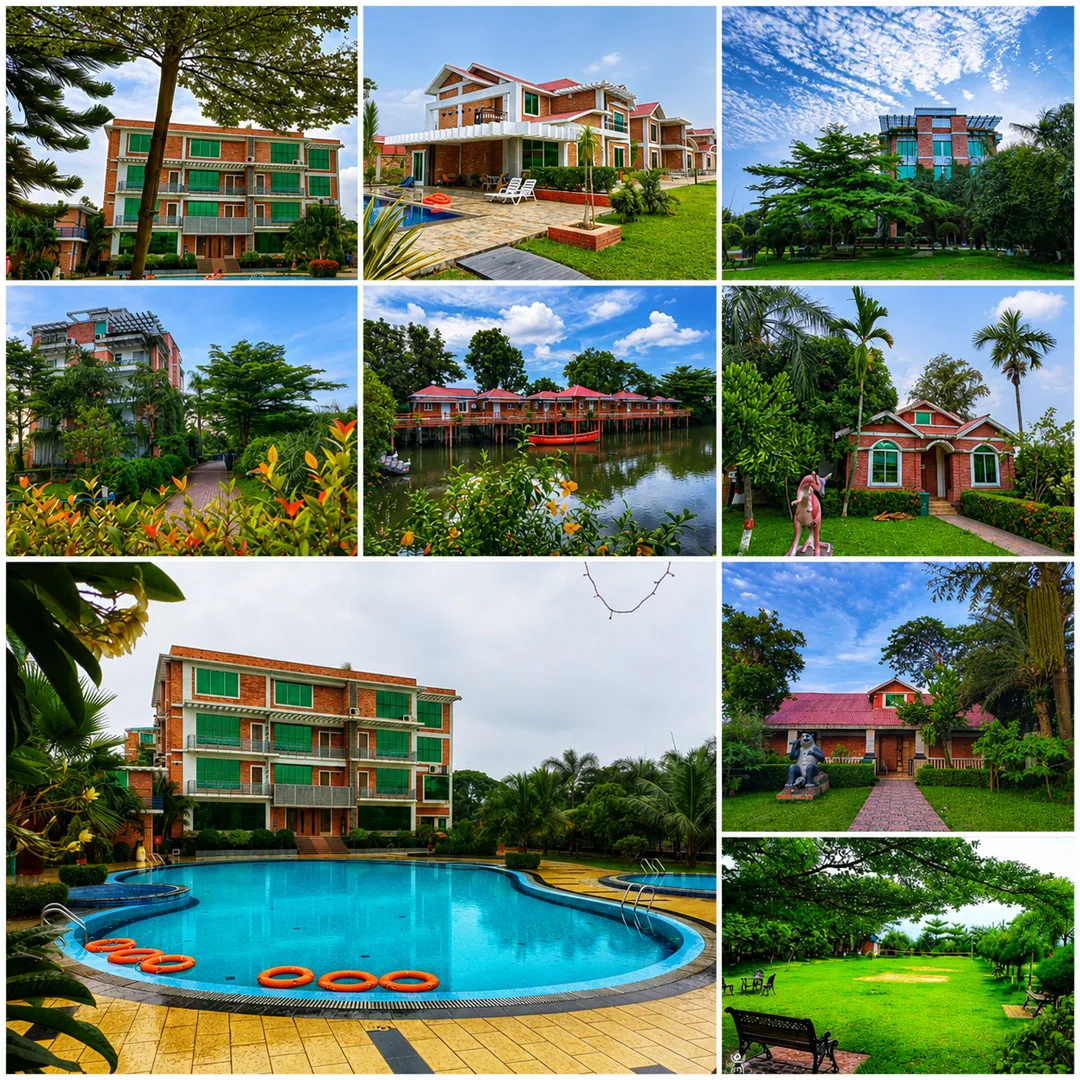 Espacio representativo del hotel: Un collage muestra varios edificios rodeados de jardines y una piscina.