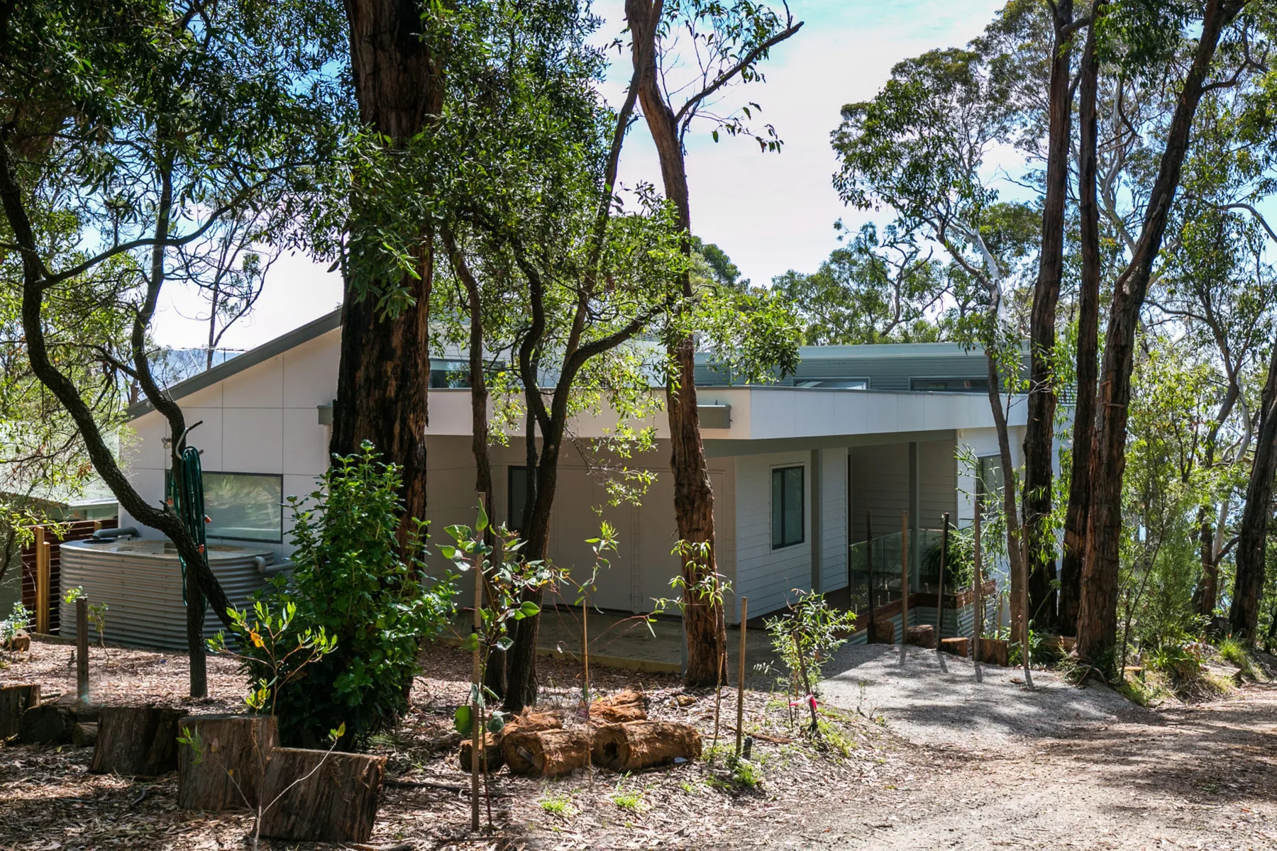 Una casa moderna de una planta está entre árboles, con un sendero de grava delante.