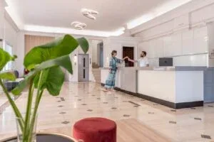 Representative hotel space: A hotel reception area has a long counter and a leafy plant in the foreground.