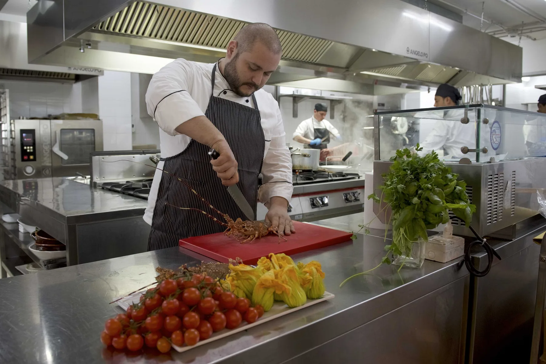 Representative hotel space: A chef chops vegetables at a stainless-steel counter in a commercial kitchen.