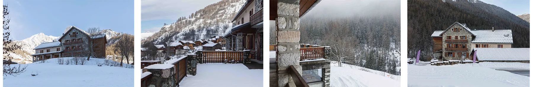 Espacio representativo del hotel: Se ven alojamientos de montaña cubiertos de nieve y asientos al aire libre en un paisaje invernal.
