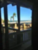 Representative hotel space: A room with large windows overlooking a palm tree and the sea.