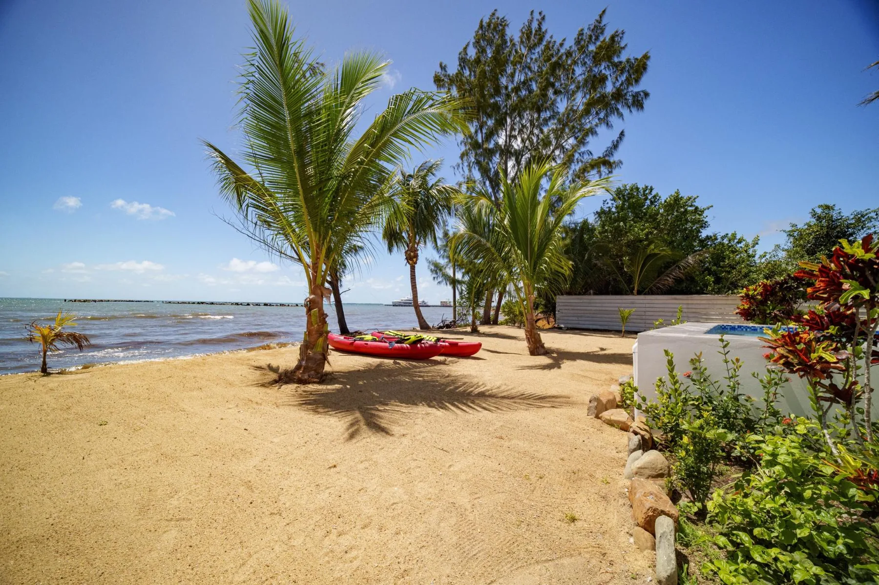 A sandy beach with palm trees and a red kayak beside the water.